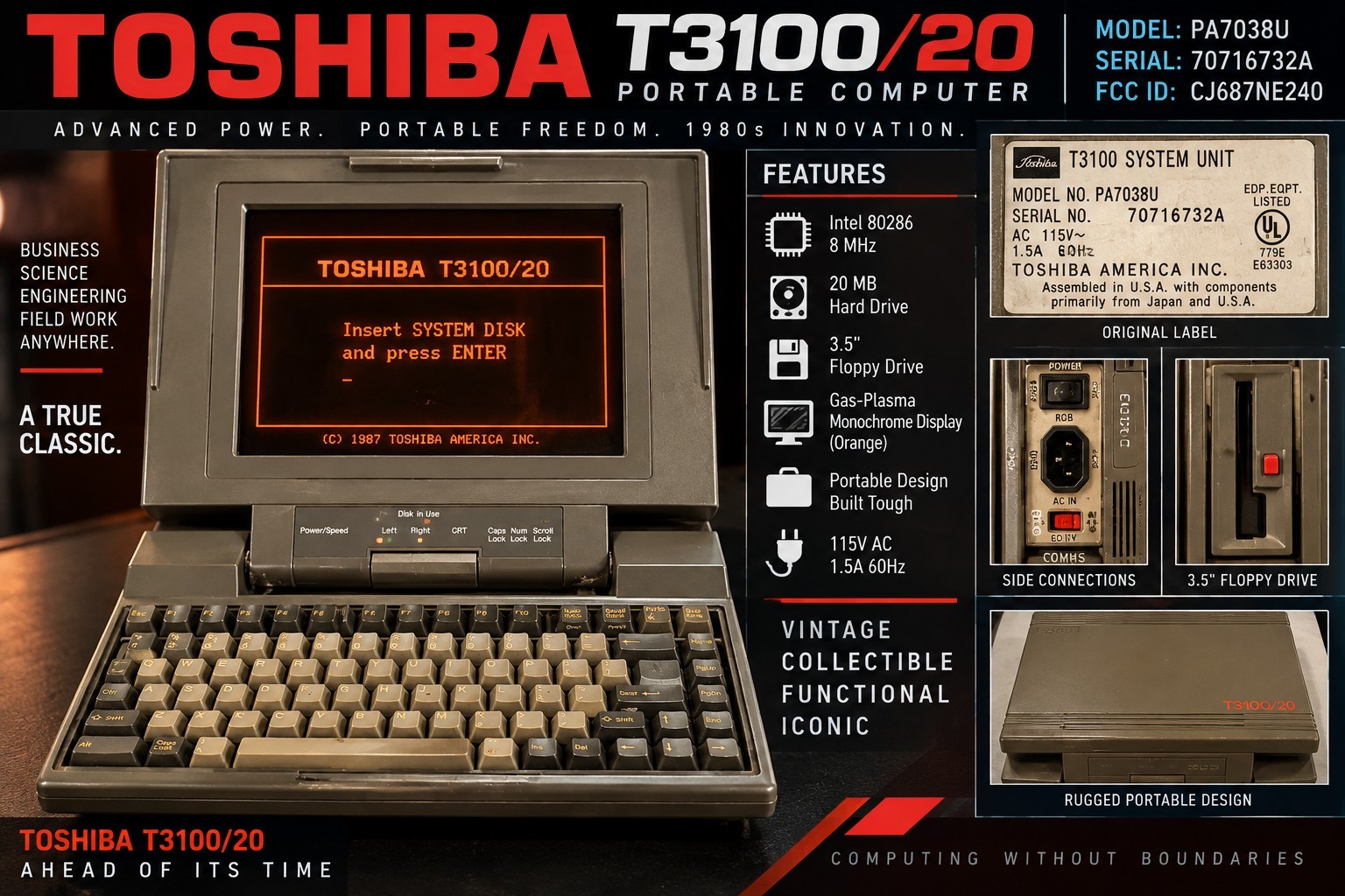 Toshiba T3100/20 PA7038U Vintage 80286 Portable Computer Plasma Display 20MB HDD Toshiba T3100/20 PA7038U Vintage 80286 Portable Computer Plasma Display 20MB HDD
