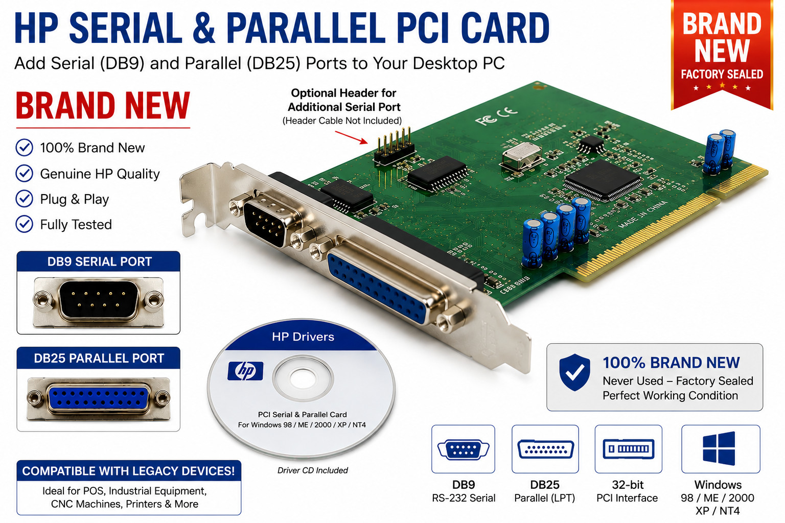 HP Serial & Parallel PCI Card for Windows 9X 2K ME XP NT4 (Brand New) HP Serial & Parallel PCI Card for Windows 9X 2K ME XP NT4 (Brand New)