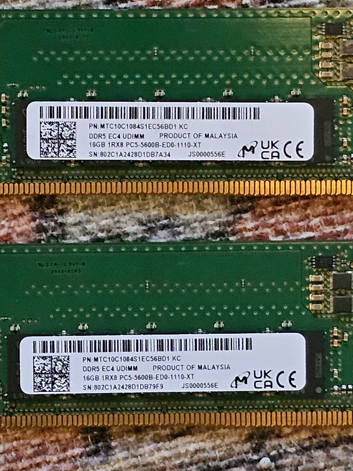 Lot of 2 16gb Micron DDR5 ECC UDIMM (2x16GB) PC5-5600B MTC10C1084S1EC56BD1 Lot of 2 16gb Micron DDR5 ECC UDIMM (2x16GB) PC5-5600B MTC10C1084S1EC56BD1