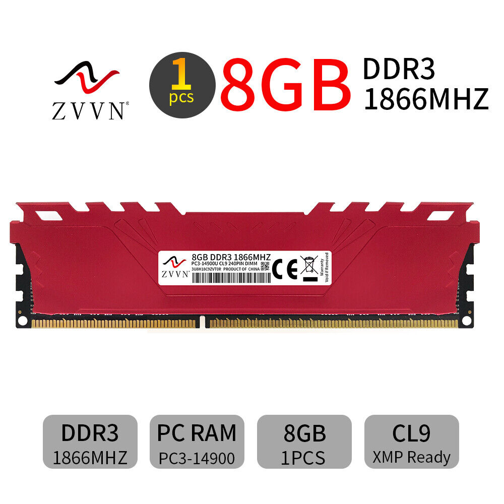 32GB 16GB 8GB DDR3 1866MHz CL9 PC3-14900U DIMM Memory RAM Plug and Play ZVVN Red