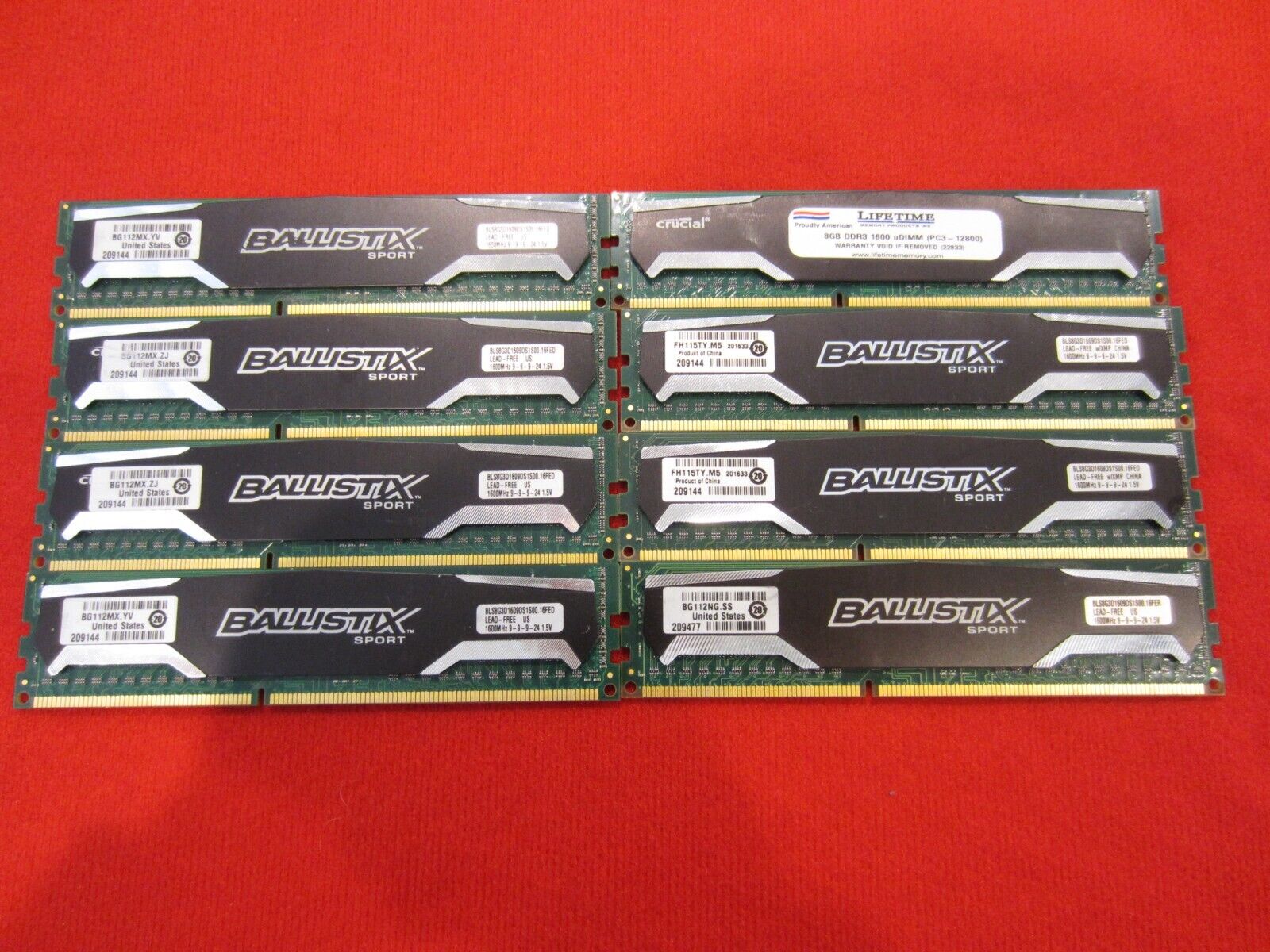 Lot of 8pcs Crucial 8GB PC3-12800 DDR3-1600Mhz Udimm Memory