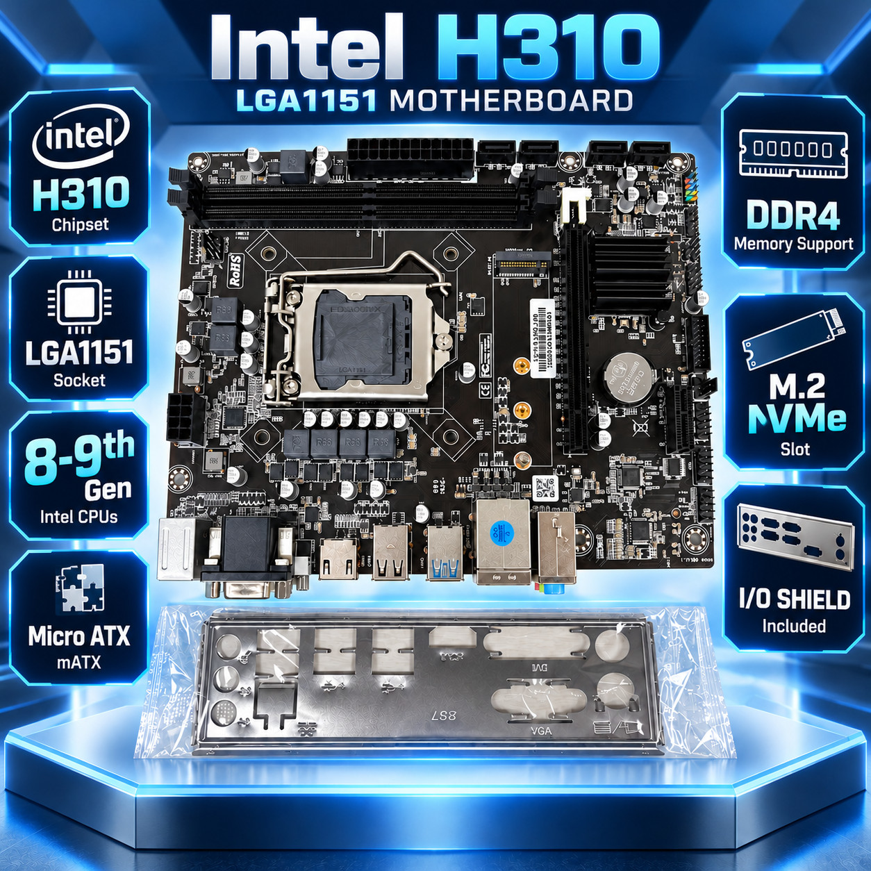 Intel H310 LGA1151 8-9th Gen DDR4 M.2 NVMe mATX Motherboard IO Shield Battery Intel H310 LGA1151 8-9th Gen DDR4 M.2 NVMe mATX Motherboard IO Shield Battery