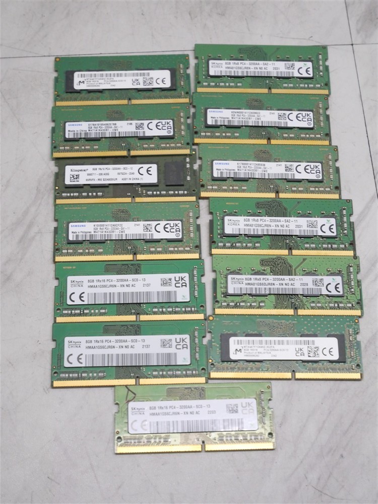 Lot of 13 8GB DDR4-3200 SODIMM Laptop RAM 104GB Samsung Hynix Micron Kingston Lot of 13 8GB DDR4-3200 SODIMM Laptop RAM 104GB Samsung Hynix Micron Kingston