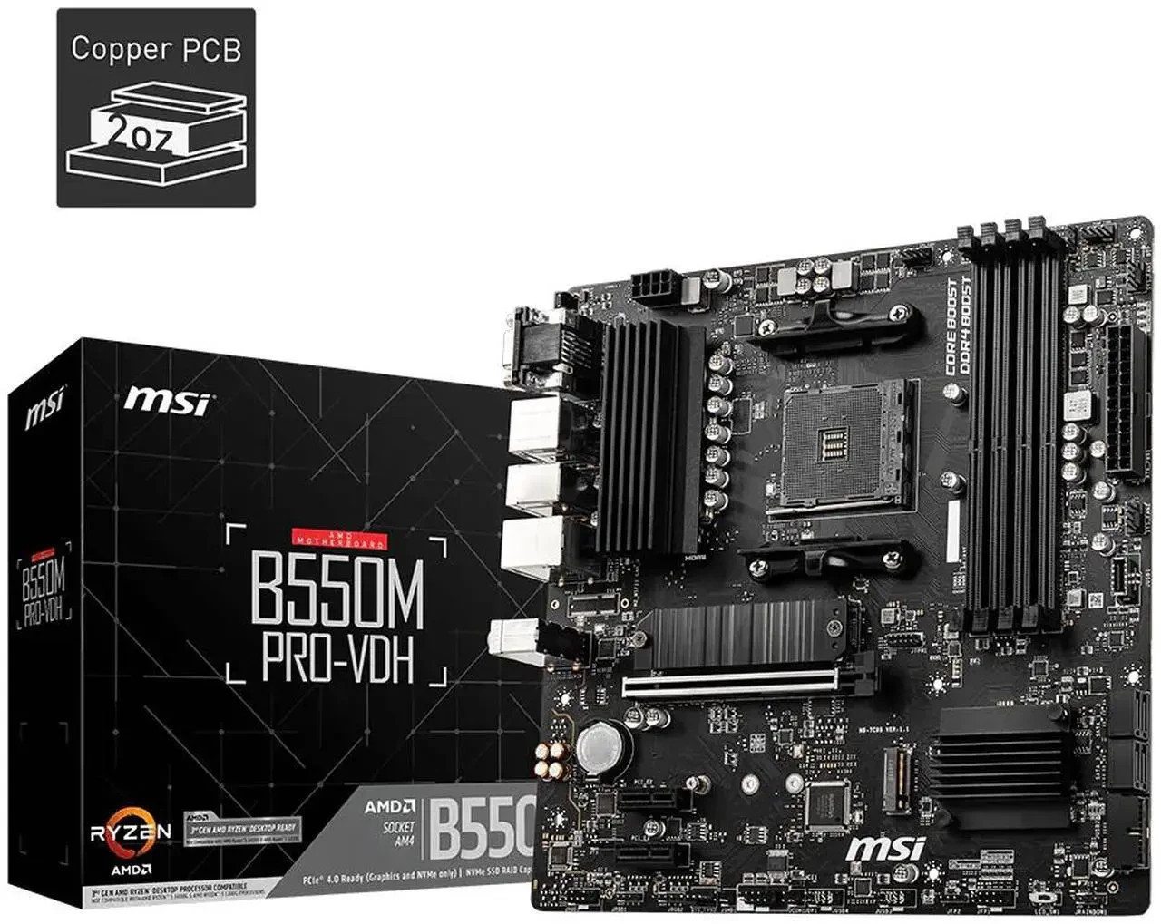 MSI B550M PRO-VDH Micro-ATX Motherboard - AMD AM4, Ryzen 5000/4000/3000 Ready, P