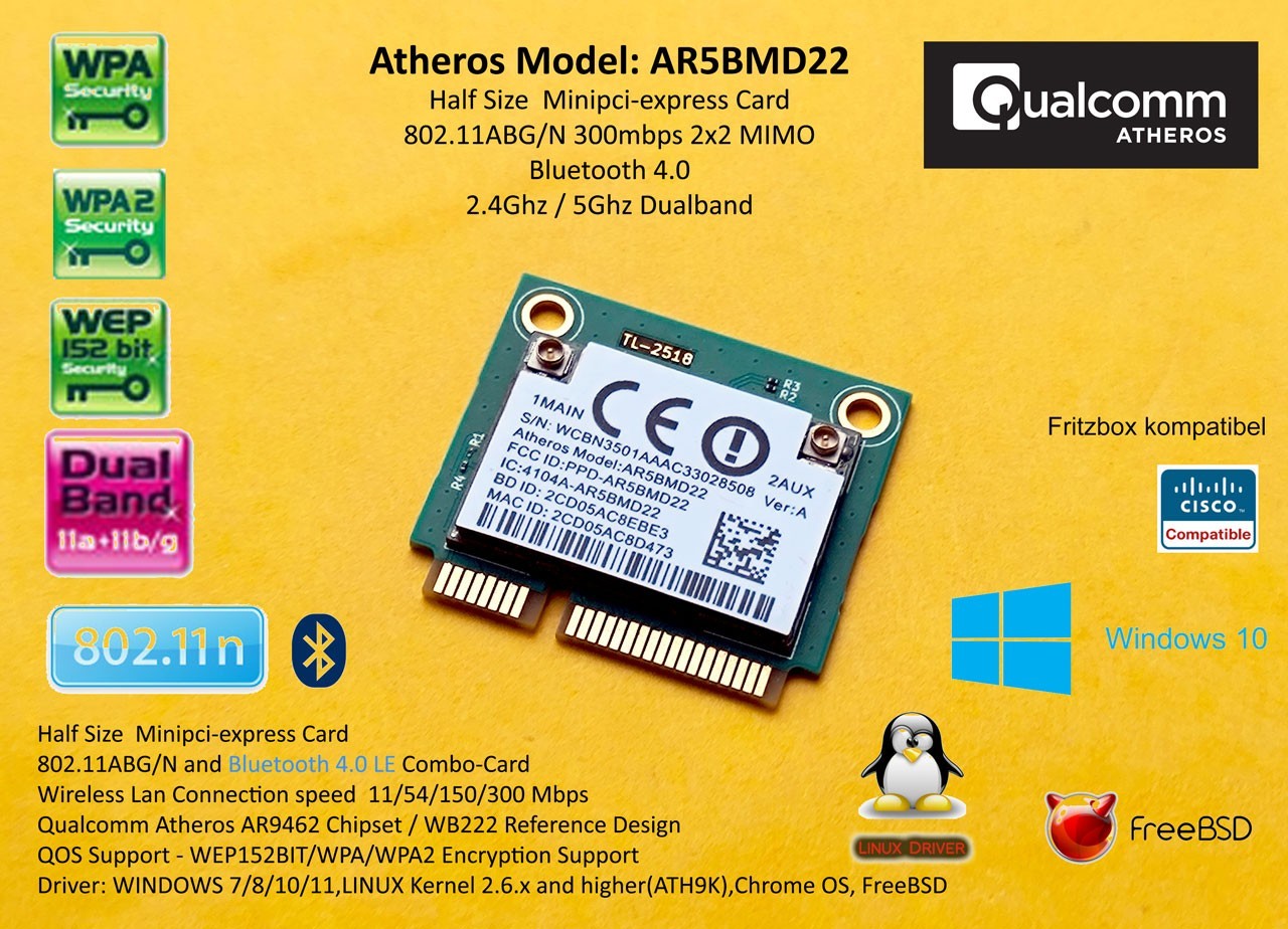 Atheros WiFi Bluetooth AR9462 AR5B22 AR5BMD222 ATH9K minipci-express dual band Atheros WiFi Bluetooth AR9462 AR5B22 AR5BMD222 ATH9K minipci-express dual band