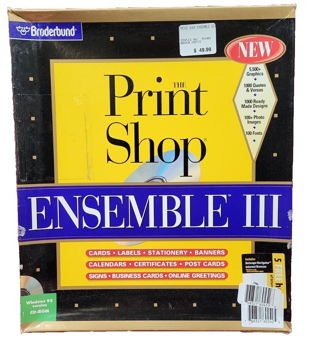 Vintage The Print Shop Ensemble III Windows 95 W/worn Box Broderbund