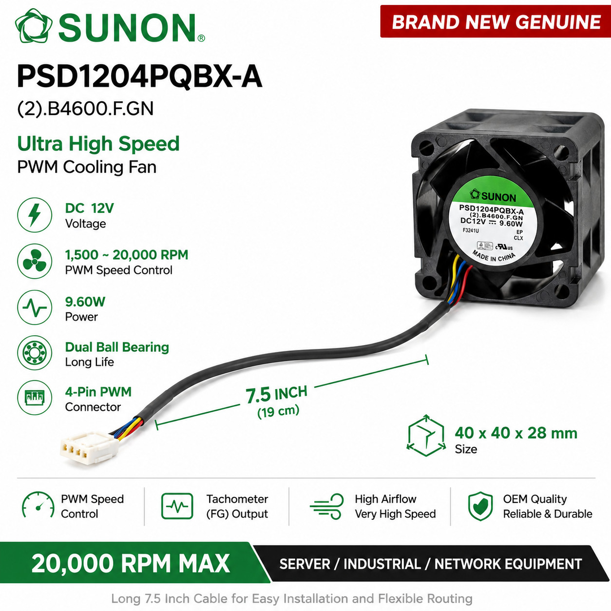 Sunon PSD1204PQBX-A 40x40x28mm 12V PWM 4-Pin 20,000RPM 9.6W Server Fan Sunon PSD1204PQBX-A 40x40x28mm 12V PWM 4-Pin 20,000RPM 9.6W Server Fan