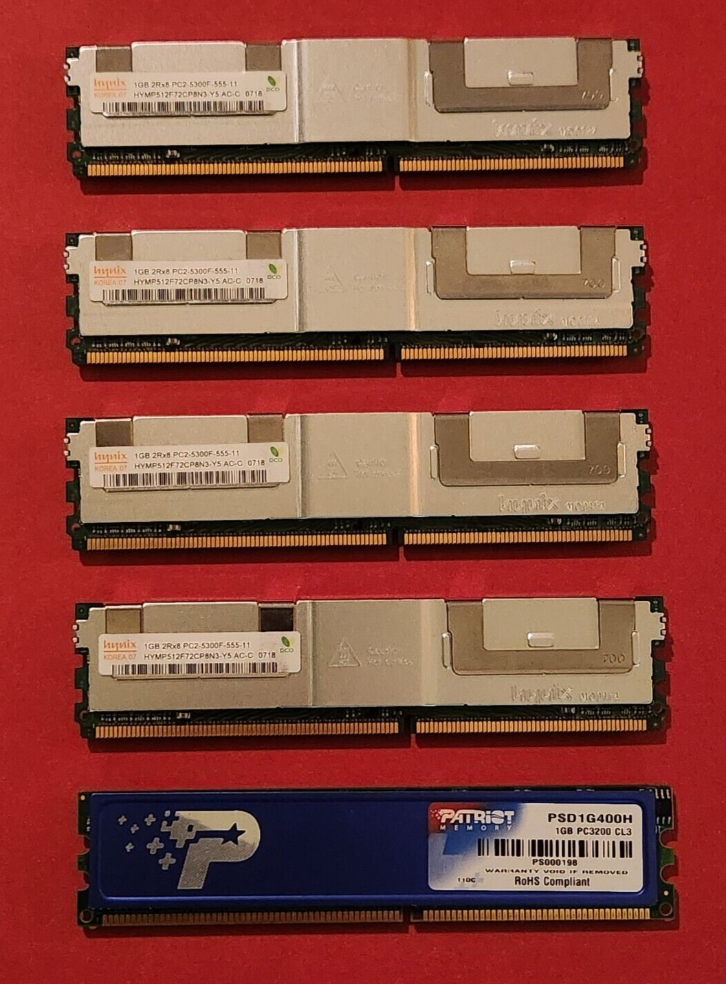 SLASHED PRICE Lot of 5 * 1GB RAM Memory Cards w Heat Shield * Patriot & Hynix SLASHED PRICE Lot of 5 * 1GB RAM Memory Cards w Heat Shield * Patriot & Hynix
