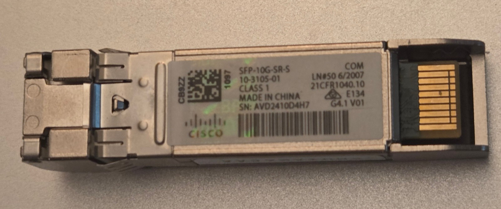 Cisco SFP-10G-SR-S SFP+ 10-3105-01 MMF Transceiver Module/Hologram. Cisco SFP-10G-SR-S SFP+ 10-3105-01 MMF Transceiver Module/Hologram.