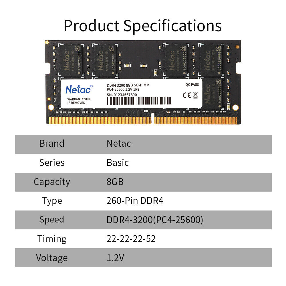 Netac 8GB DDR4 Ram 3200MHz Laptop Memory RAM 1.2V PC4-25600 260-Pin SO-DIMM