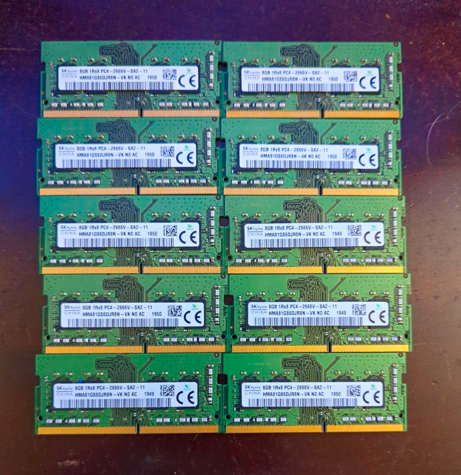 Lot of 10x SK Hynix 8 GB PC4 SODIMM 1RX8 PC4-2666V-SA2-11 Laptop RAM Modules