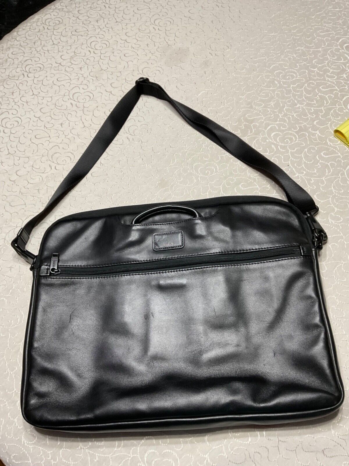 TUMI BriefCase soft black leather Lap Top Bag w add a bag sleeve/adjustable stra