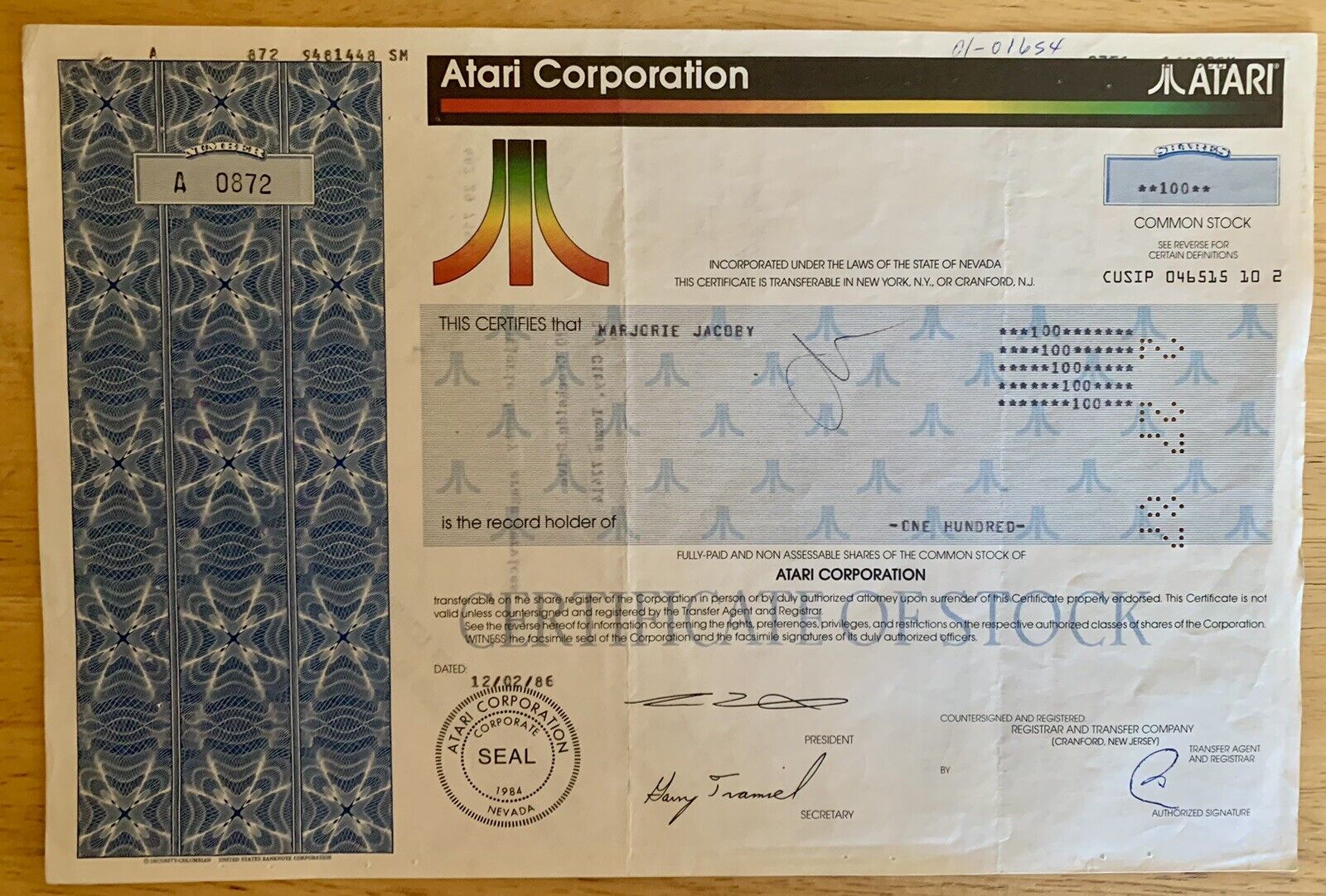 Vintage Atari Corporation 100￼shares. ‘84. In Very Good Cond. 11 X 8”. Framable.