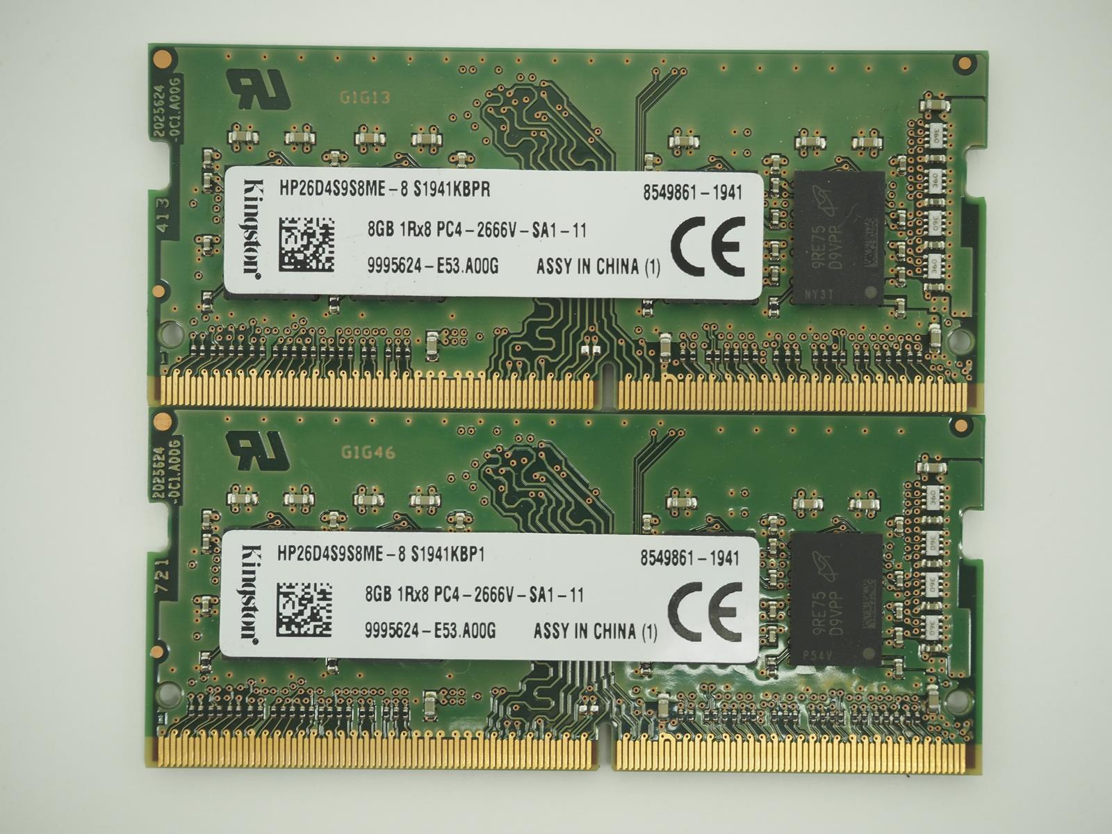 Lot of 2 KINGSTON 8GB PC4-2666V Laptop Ram / Memory - HP26D4S9S8ME