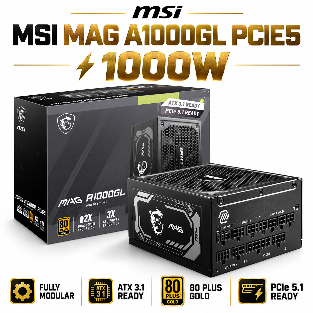 MSI - MAG A1000GL PCIE5 1000W Full Modular ATX 3.1 Ready 80 Plus Gold Power S... MSI - MAG A1000GL PCIE5 1000W Full Modular ATX 3.1 Ready 80 Plus Gold Power S...