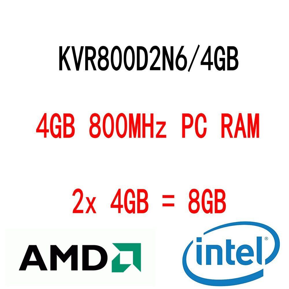 Kingston 8GB Kit 2x4GB KVR800D2N6/4G DDR2 800MHz PC2-6400U Desktop PC Memory RAM