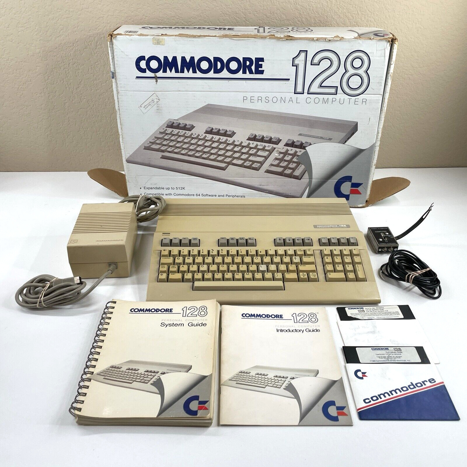 Commodore 128 Computer With Power Supply, Box, Manual, Powers On, Untested