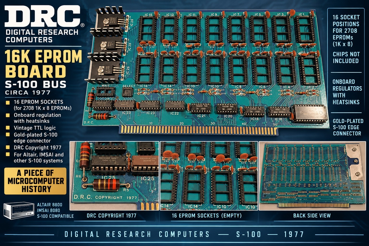 DRC 16K EPROM S-100 Board 1977 Digital Research Computers Altair IMSAI Vintage DRC 16K EPROM S-100 Board 1977 Digital Research Computers Altair IMSAI Vintage