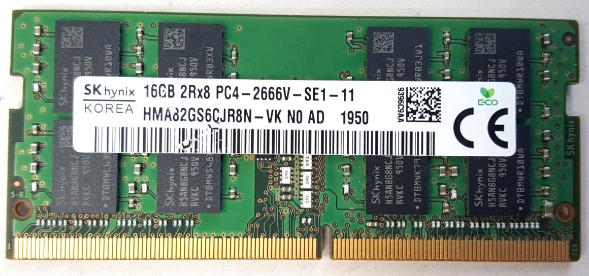 SK Hynix HMA82GS6CJR8N-VK,  16GB 2Rx8 PC4-2666V DDR4 Laptop RAM , 