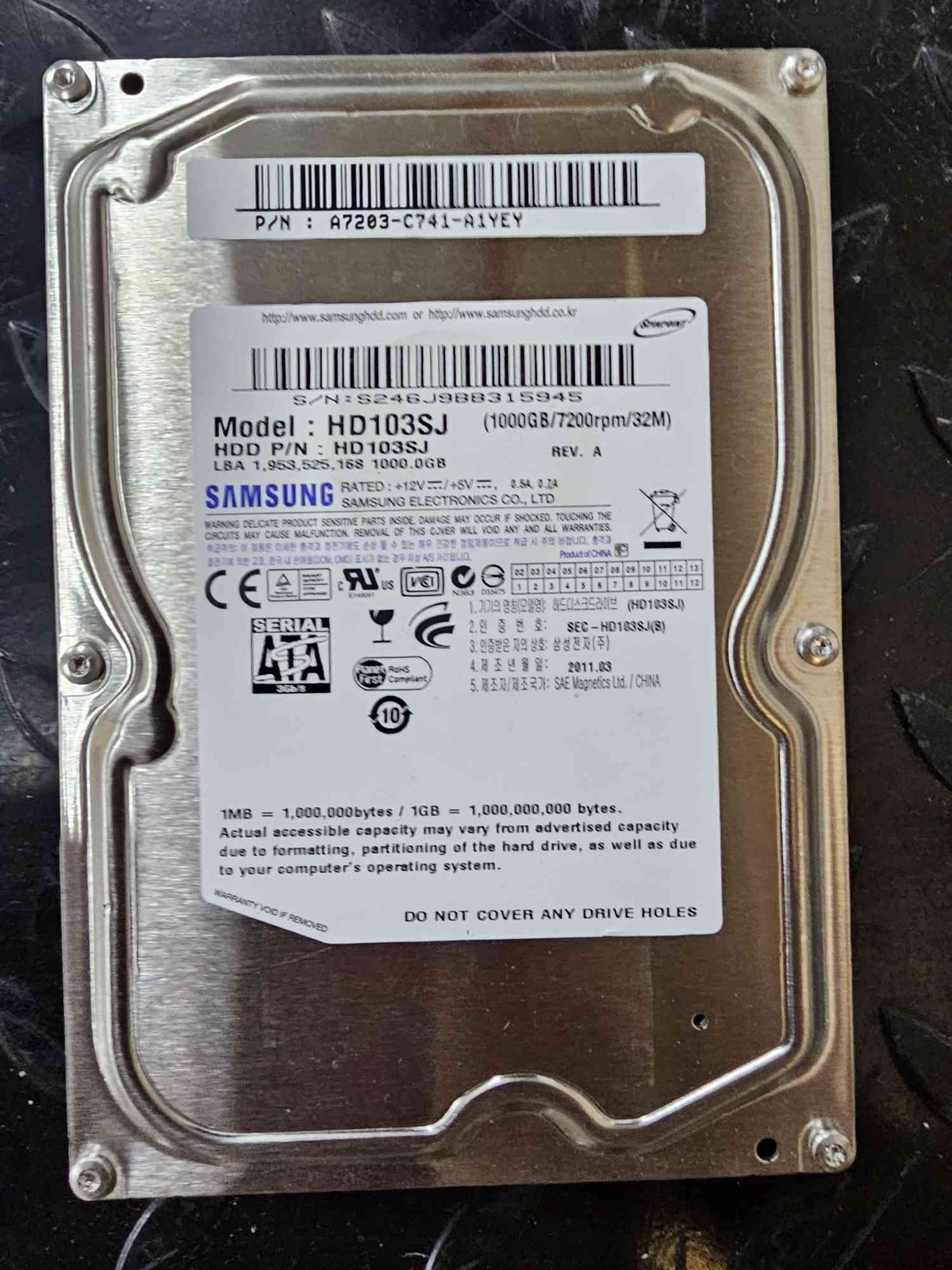 Samsung HD103SJ SpinPoint F3 1TB 7200RPM 3.5 Samsung HD103SJ SpinPoint F3 1TB 7200RPM 3.5