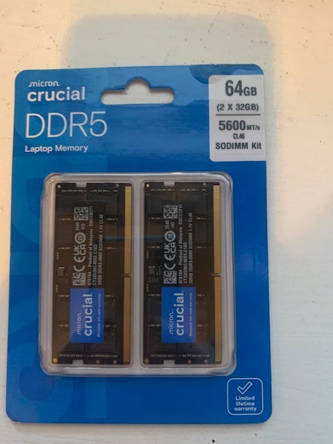 NEW GENUINE OEM Crucial 64GB Kit (2 X 32G) DDR5 – 5600 SODIUM RAM-CT2K32G56C46S5