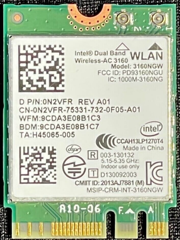 OEM Dell Wireless-AC 3160 802.11ac M.2 Wireless Card P/N N2VFR