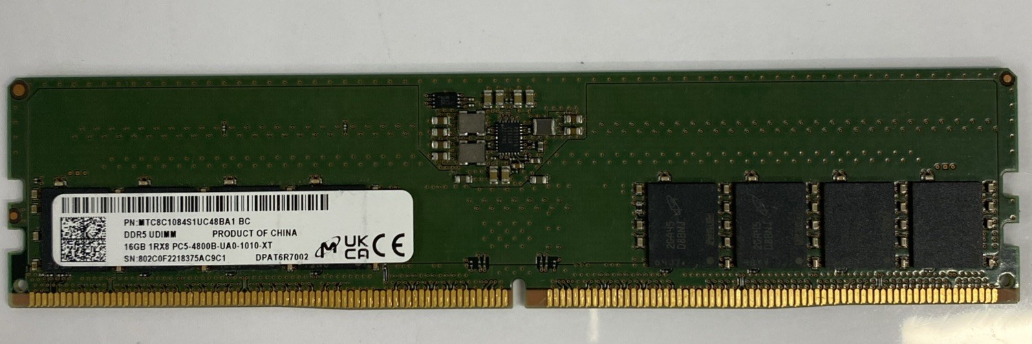 Micron 16GB DDR5-4800 UDIMM 1Rx8 PC5-4800B-UA0-1010-XT MTC8C1084S1UC48BA1 BC Micron 16GB DDR5-4800 UDIMM 1Rx8 PC5-4800B-UA0-1010-XT MTC8C1084S1UC48BA1 BC