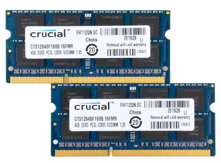 Crucial 8GB (2x 4GB )Kit DDR3L PC3L-12800 1600 MHz Laptop SODIMM DDR3 MEMORY RAM