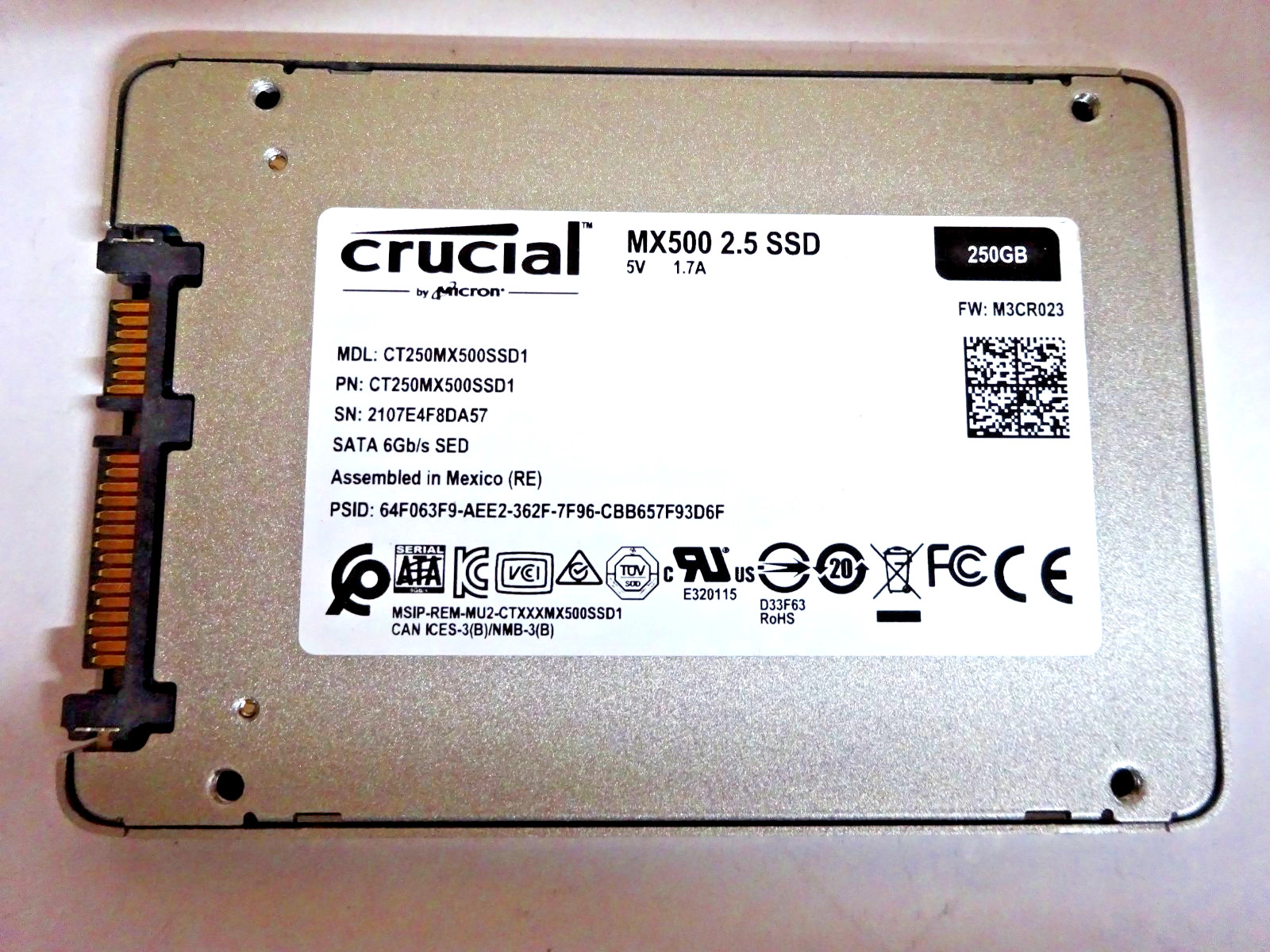 CRUCIAL 250GB *CT250MX500SSD1* MX500 2.5 SSD S/N:2107E4F8DA57 #NFP2490 CRUCIAL 250GB *CT250MX500SSD1* MX500 2.5 SSD S/N:2107E4F8DA57 #NFP2490