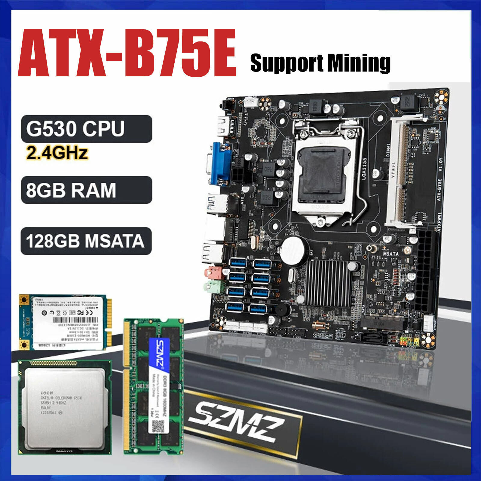 LGA 1155 B75E Mining Motherboard Kit with G530 CPU DDR3 8GB RAM 128GB MSATA SSD