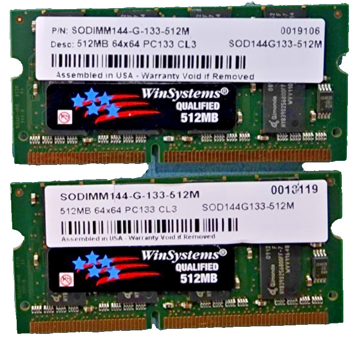 1GB 2x 512MB Kit PC133 SODIMM Laptop RAM WinSystems Qimonda 144-Pin 133MHz Good 1GB 2x 512MB Kit PC133 SODIMM Laptop RAM WinSystems Qimonda 144-Pin 133MHz Good