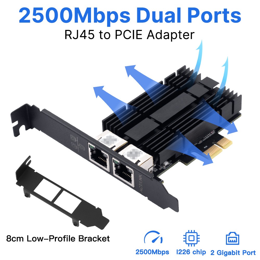 2.5GbE Dual Port PCIe NIC Intel I226 Chip RJ45 Ethernet Card Low Profile Bracket 2.5GbE Dual Port PCIe NIC Intel I226 Chip RJ45 Ethernet Card Low Profile Bracket