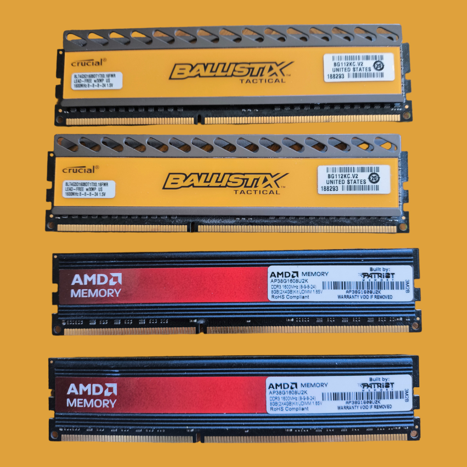 DDR3 Memory - 16GB:  2x 4GB Crucial Ballistix & 2x 4GB AMD (Built by Patriot)