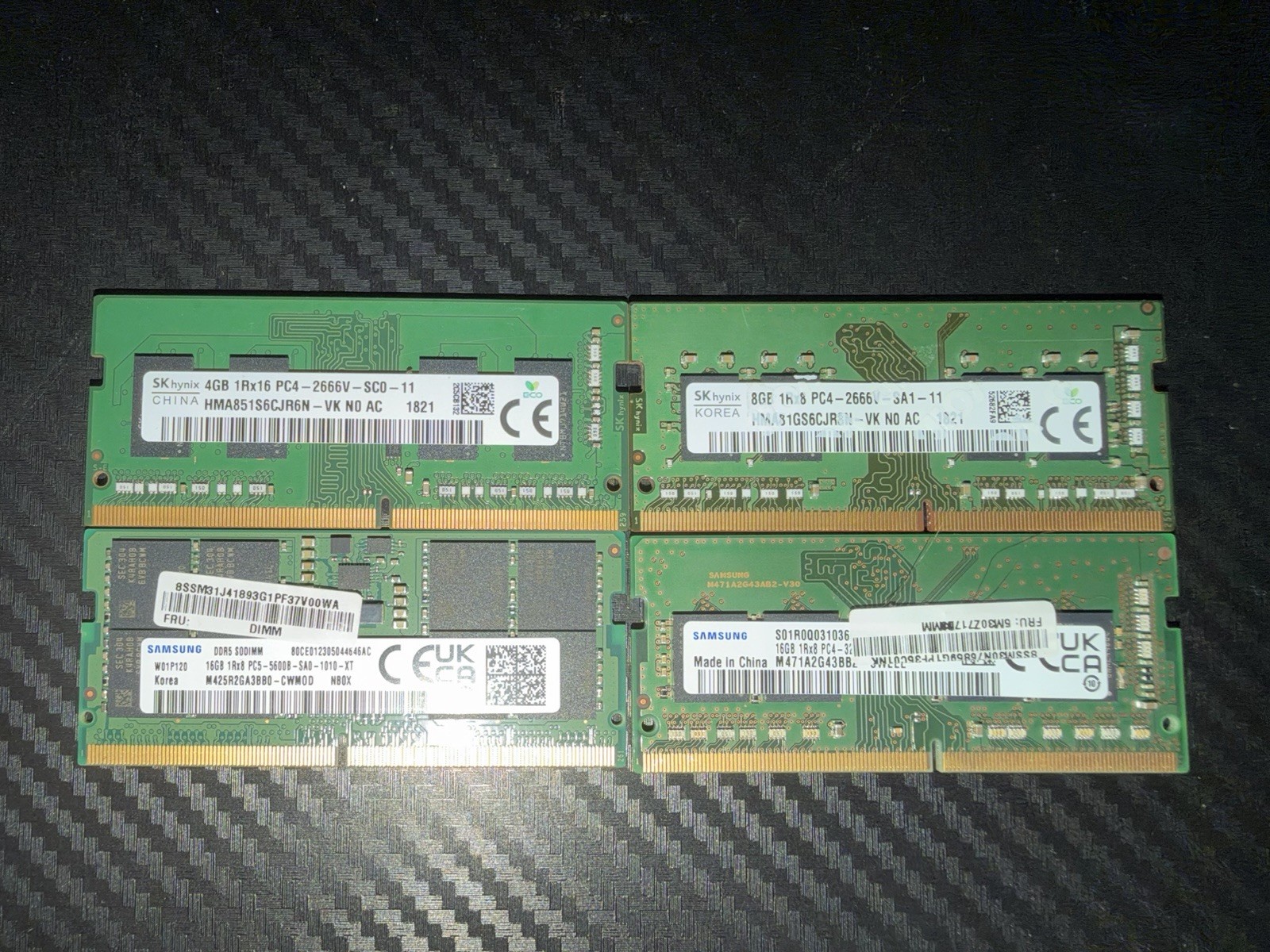 Lot of 4 Laptop RAM SODIMM DDR4 DDR5 4GB 8GB 16GB Samsung SK Hynix 44GB Lot of 4 Laptop RAM SODIMM DDR4 DDR5 4GB 8GB 16GB Samsung SK Hynix 44GB