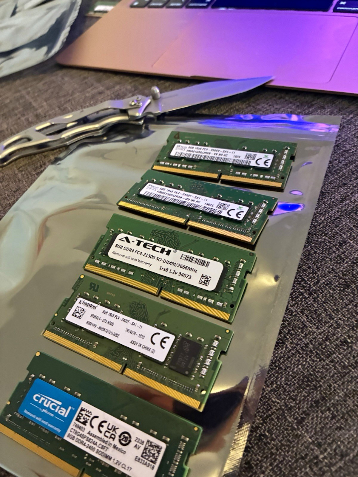 Lot of 5 - Mixed Brands 40GB (5x8GB) DDR4-2666 PC4-21300 SO-DIMM 260-Pin Non-ECC