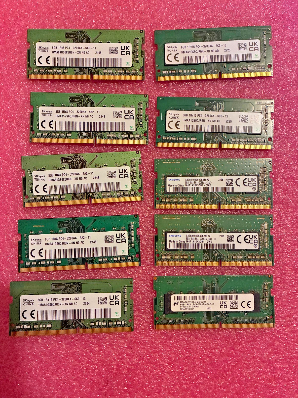 Lot Of 10 - 8GB 3200MHZ DDR4 SODIMM, MIX Micron, SK Hynix, Samsung
