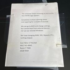 Acer Nitro 17 N23Q4 PARTS MACHINE - MISSING RAM & SSD Drive NO AC ADAPTER picture